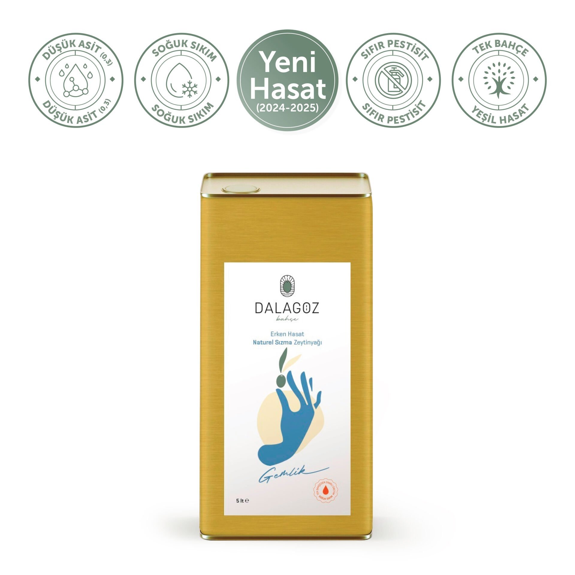 Dalagöz Bahçe Erken Hasat Yüksek Polifenollü Naturel Sızma Zeytinyağı-Gemlik 5 Lt
